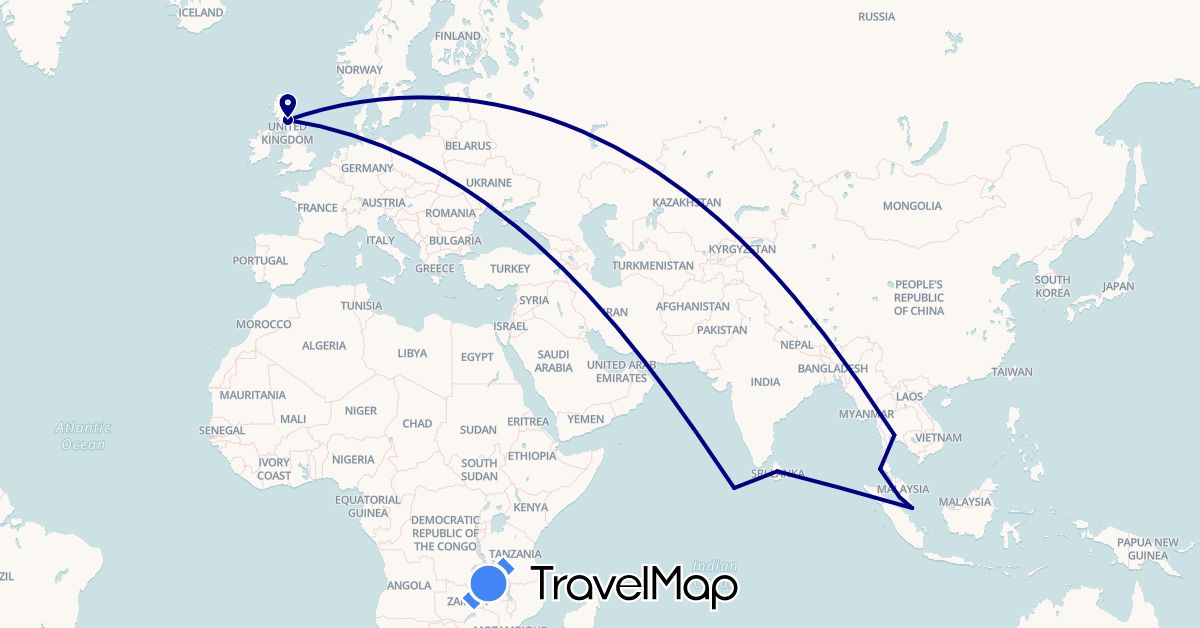 TravelMap itinerary: driving in United Kingdom, Sri Lanka, Maldives, Malaysia, Singapore, Thailand (Asia, Europe)